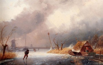 Carlos Leickert Painting - Un paisaje invernal con patinadores en un canal helado Charles Leickert